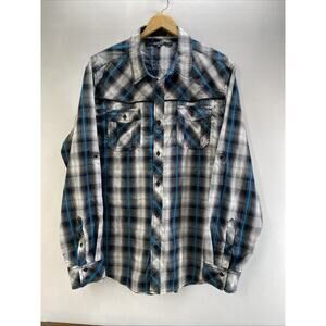 Carbon Black Classic Fit Gray Blue Plaid Long Sleeve Shirt Men’s XL 46-48